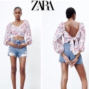 Zara NWT linen blend balloon sleeve floral tie back crop top